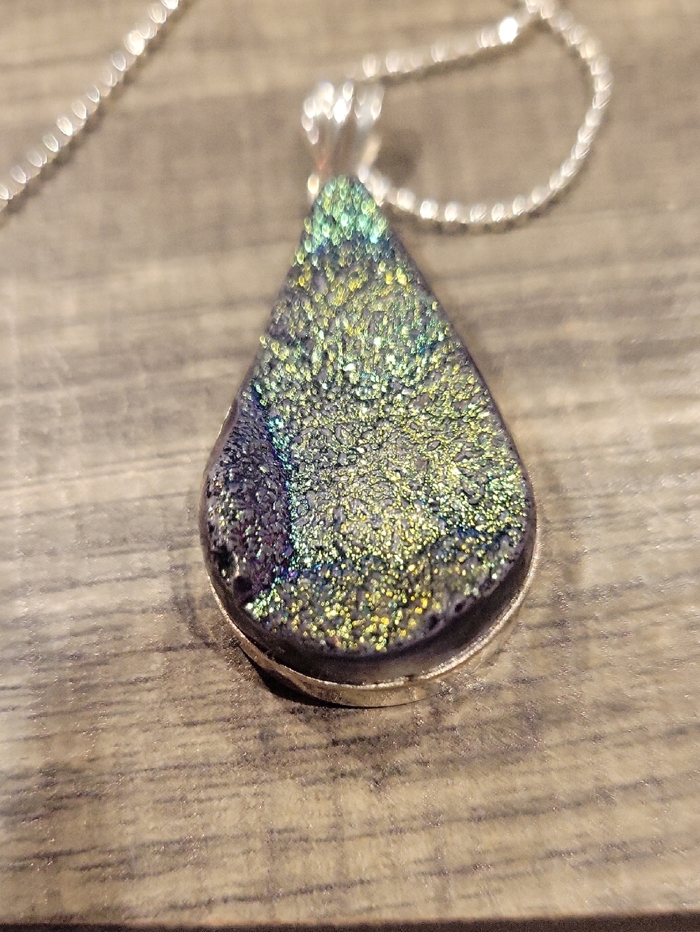 Rainbow Pyrite Druzy & Sterling Silver Pendant, W/ Free Silverball Chain